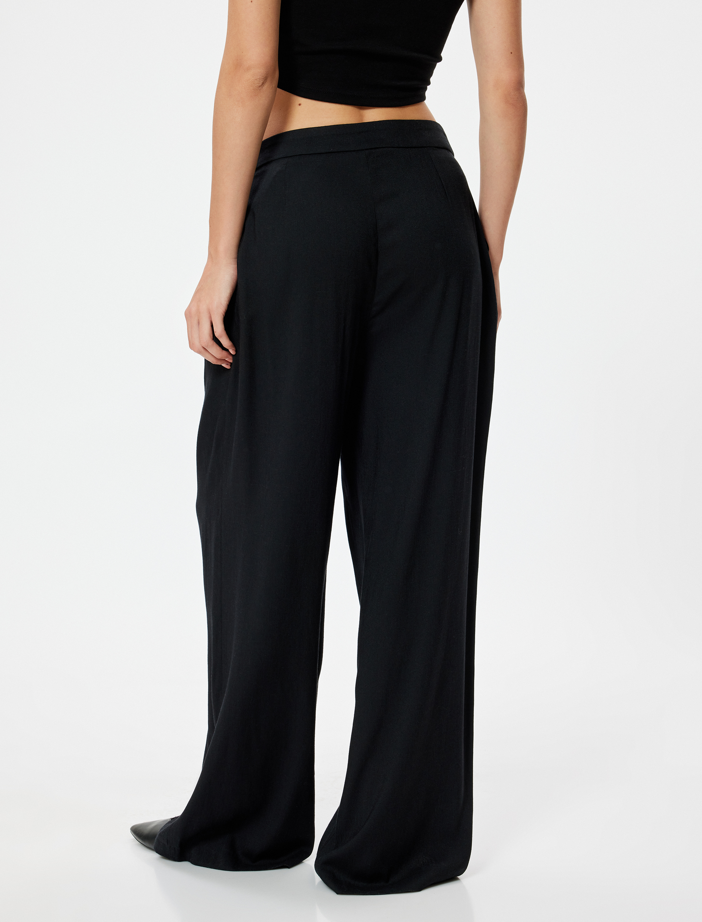   Geniş Paça Pantolon Viskoz Keten Karışımlı Bağlama Detaylı