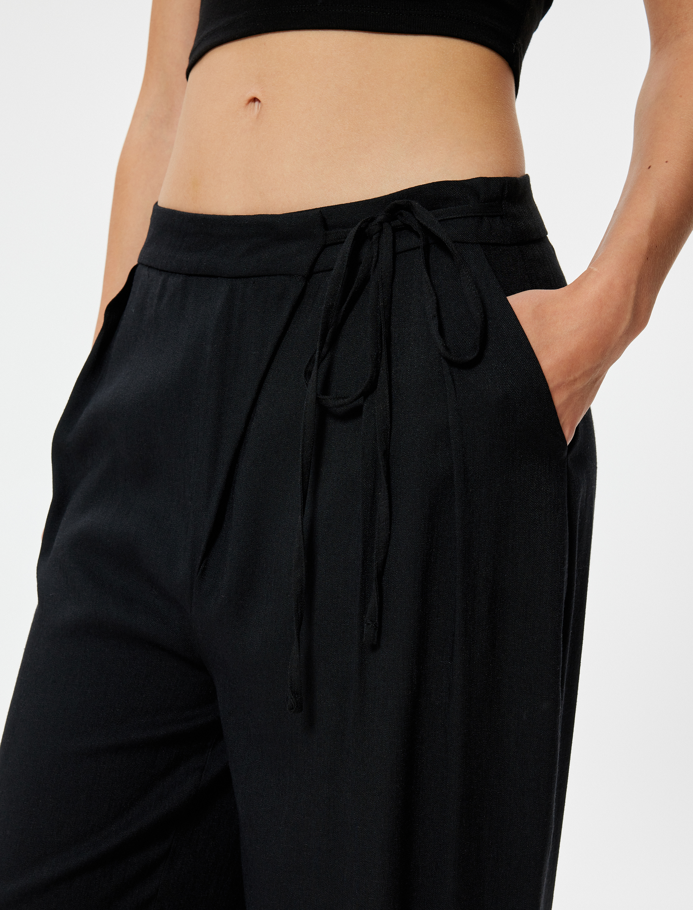   Geniş Paça Pantolon Viskoz Keten Karışımlı Bağlama Detaylı