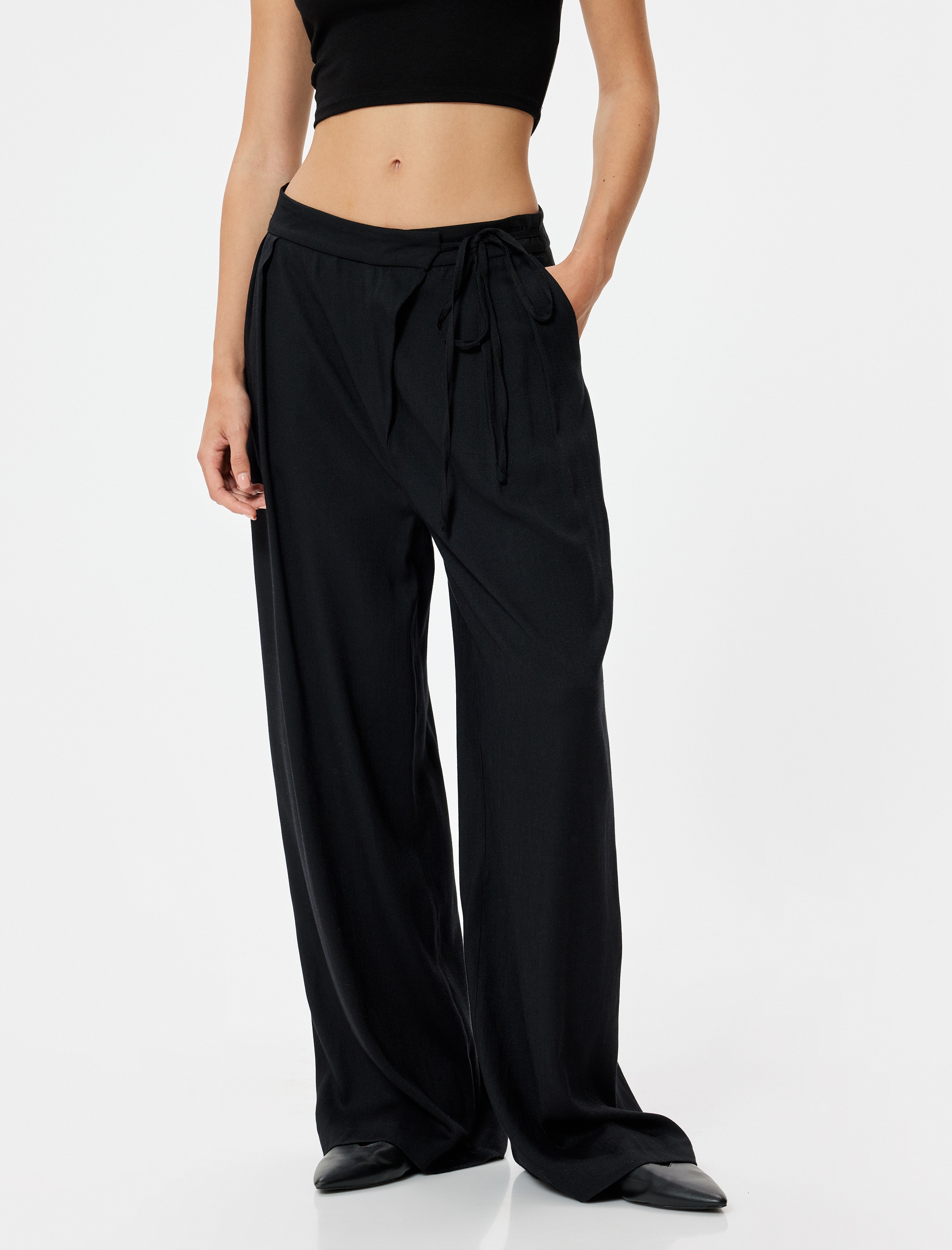   Geniş Paça Pantolon Viskoz Keten Karışımlı Bağlama Detaylı