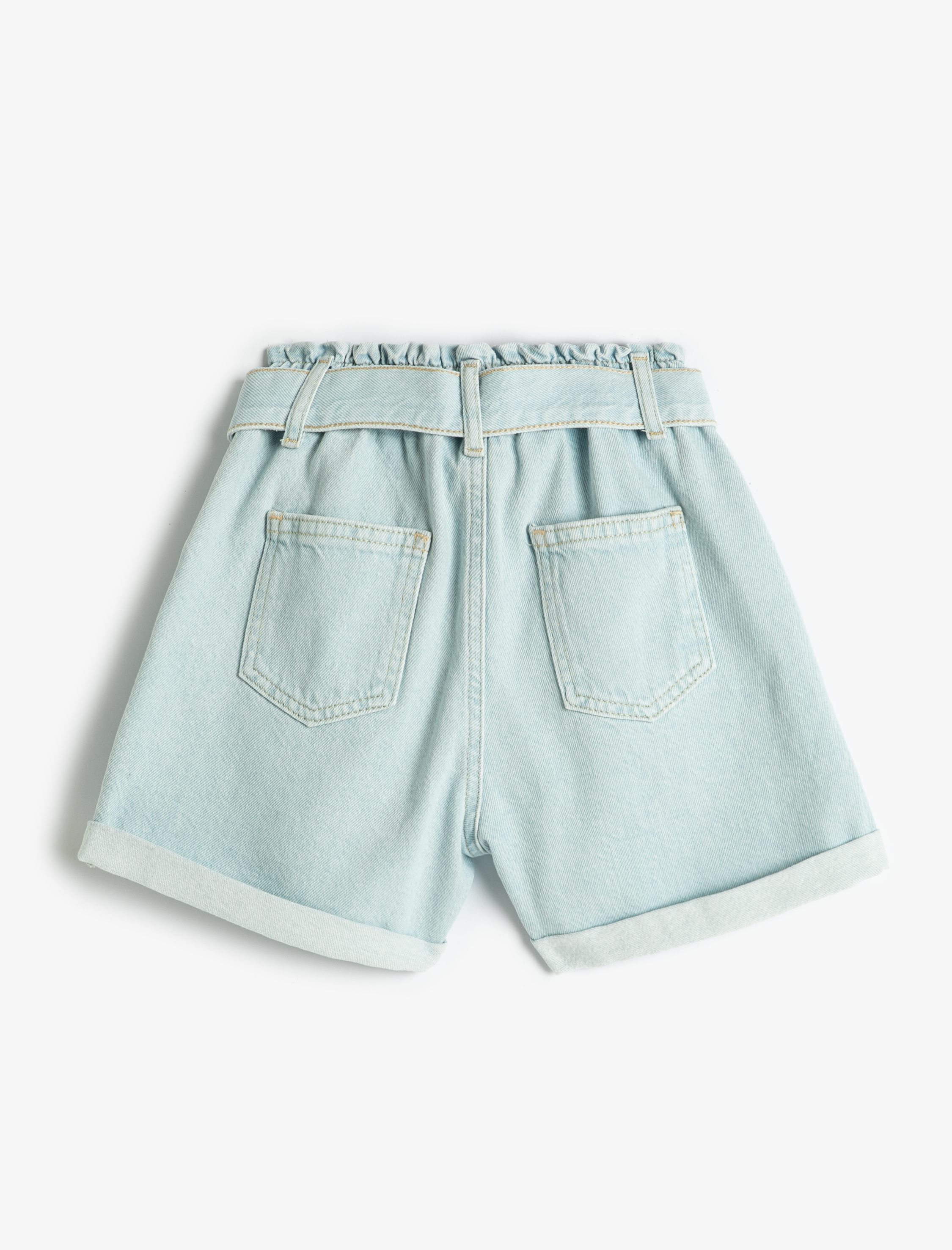 Kız Çocuk Kot Şort Kuşak Detaylı Cepli Pamuklu Beli Lastikli