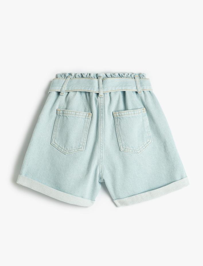 Kız Çocuk Kot Şort Kuşak Detaylı Cepli Pamuklu Beli Lastikli