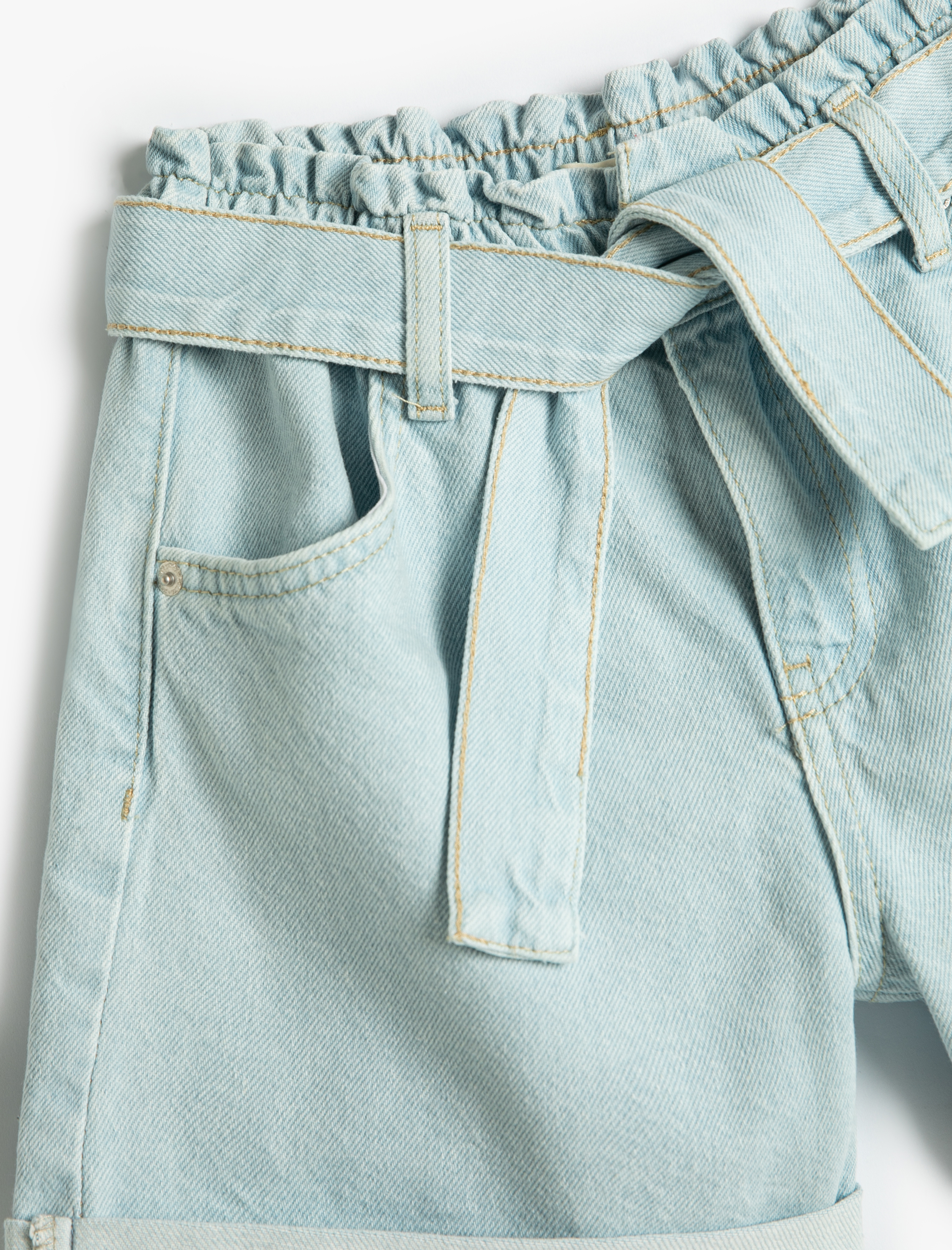 Kız Çocuk Kot Şort Kuşak Detaylı Cepli Pamuklu Beli Lastikli