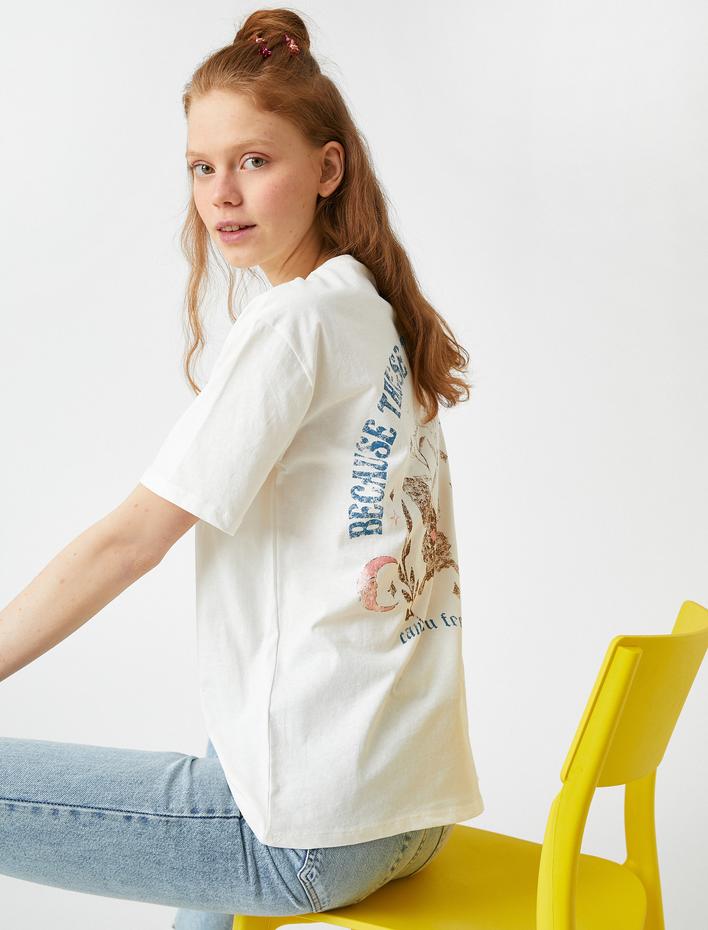  Baskılı Tişört Pamuklu Bisiklet Yaka