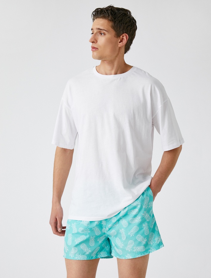  Mayo Şort Ananas Baskılı Cepli Beli Bağcıklı