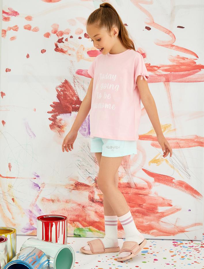 Kız Çocuk Simli Baskılı Şort Pamuklu