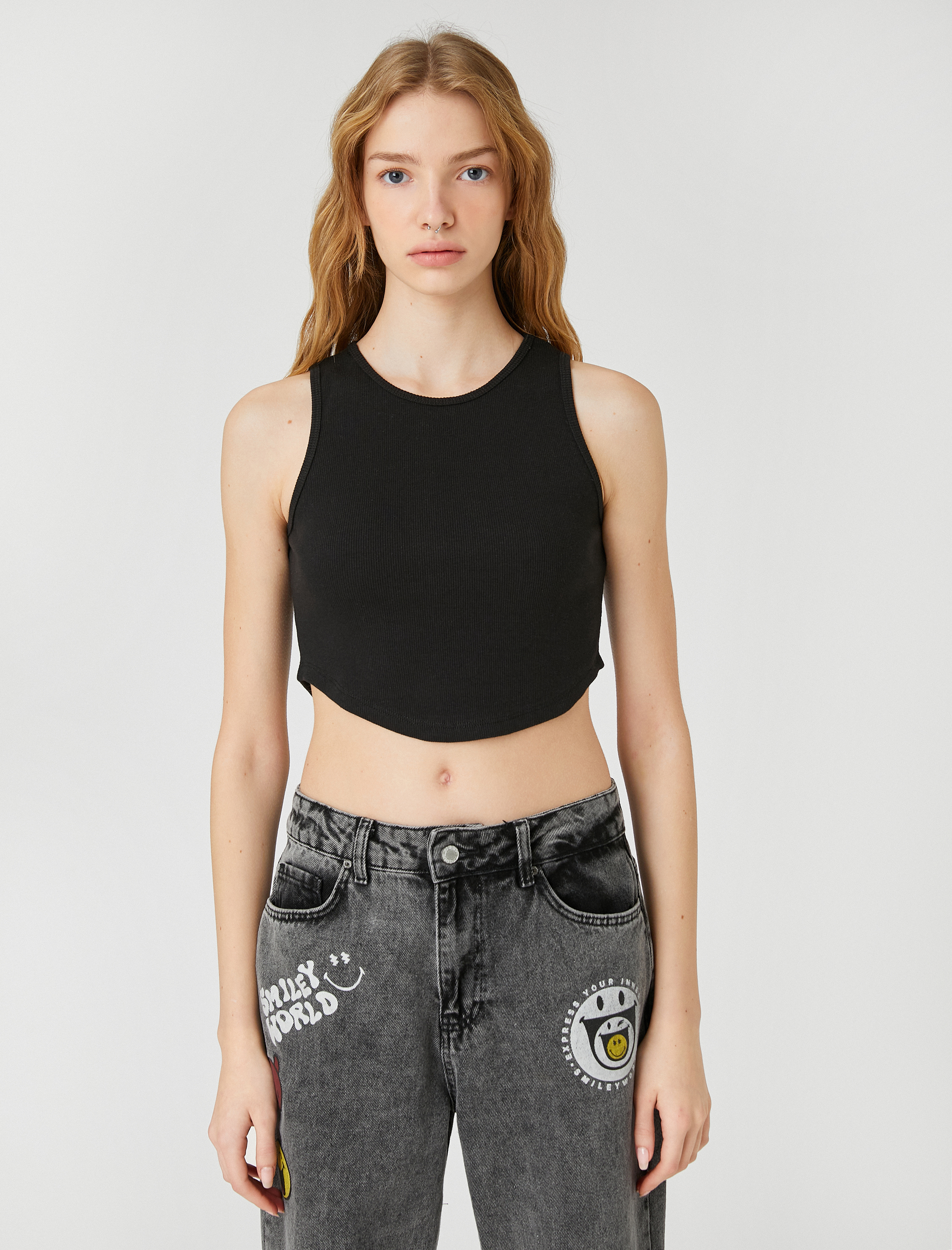 Crop Atlet Bisiklet Yaka Fitilli Asimetrik Kesim