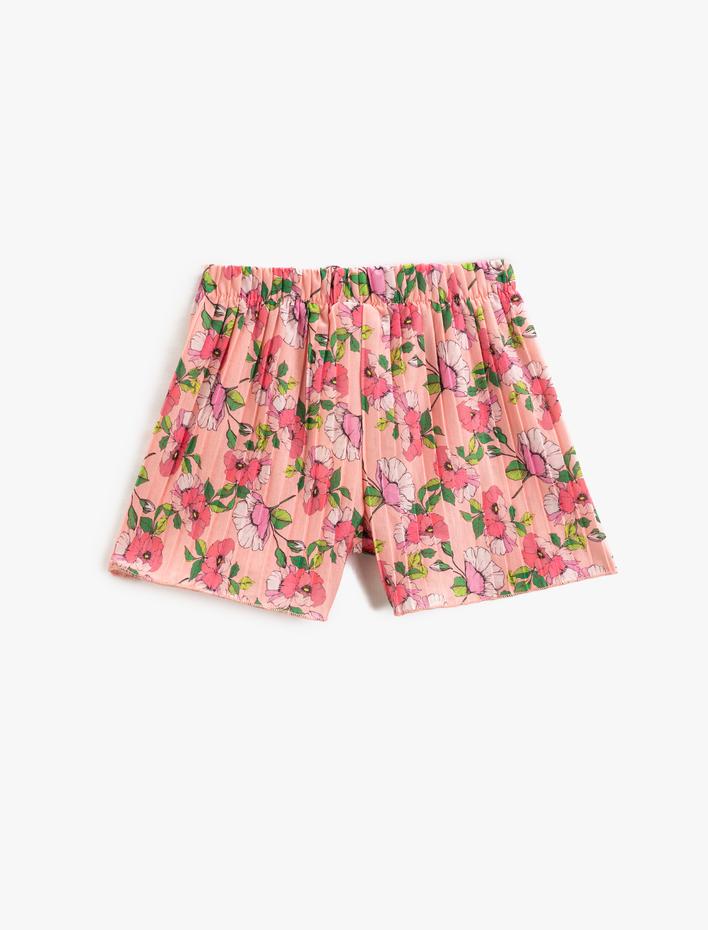 Kız Çocuk Çiçekli Pileli Şort Fiyonk Detaylı Beli Lastikli