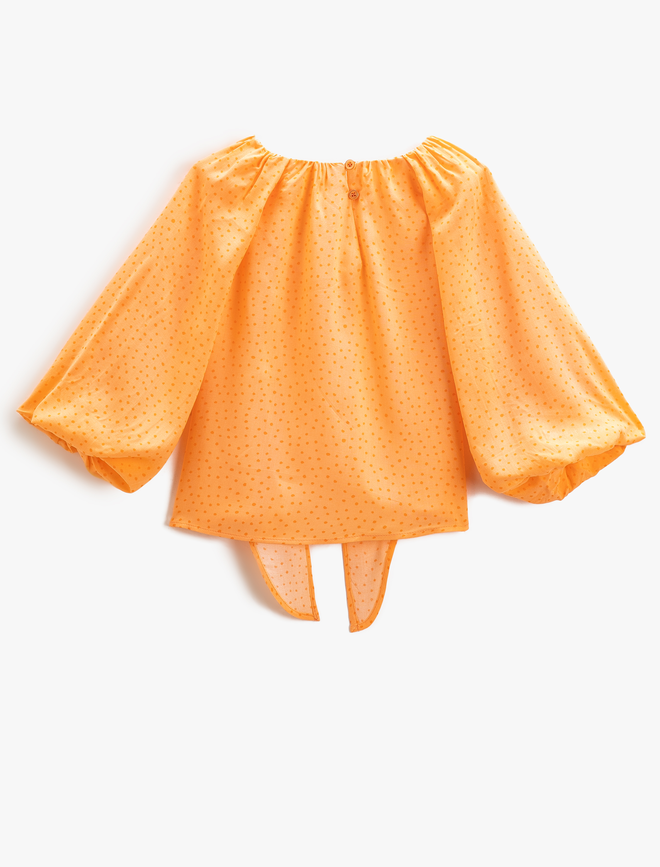  Kız Çocuk Bluz Oversize Uzun Balon Kollu Yuvarlak Yaka Puantiyeli Önü Bağlamalı