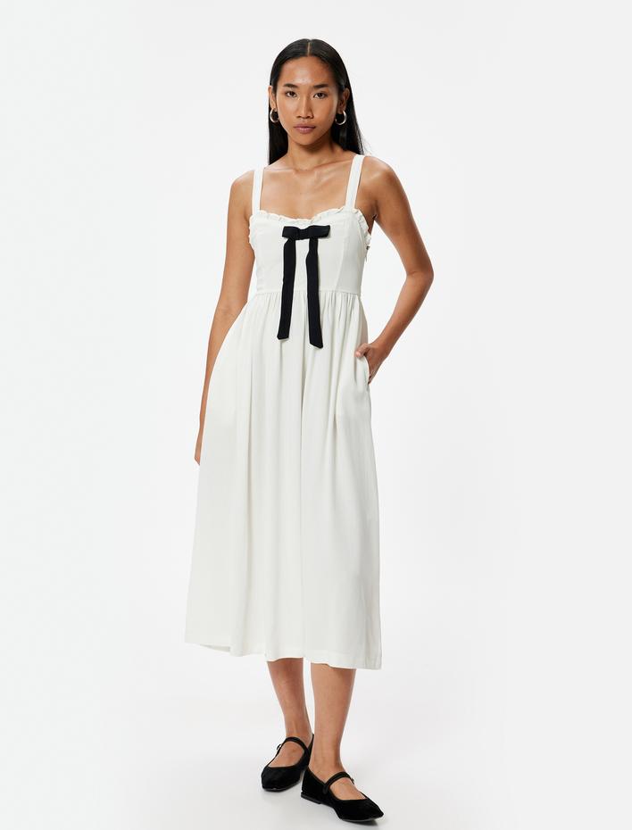  Keten Karışımlı Midi Boy Elbise Fiyonk Detaylı Kalın Askılı Cepli