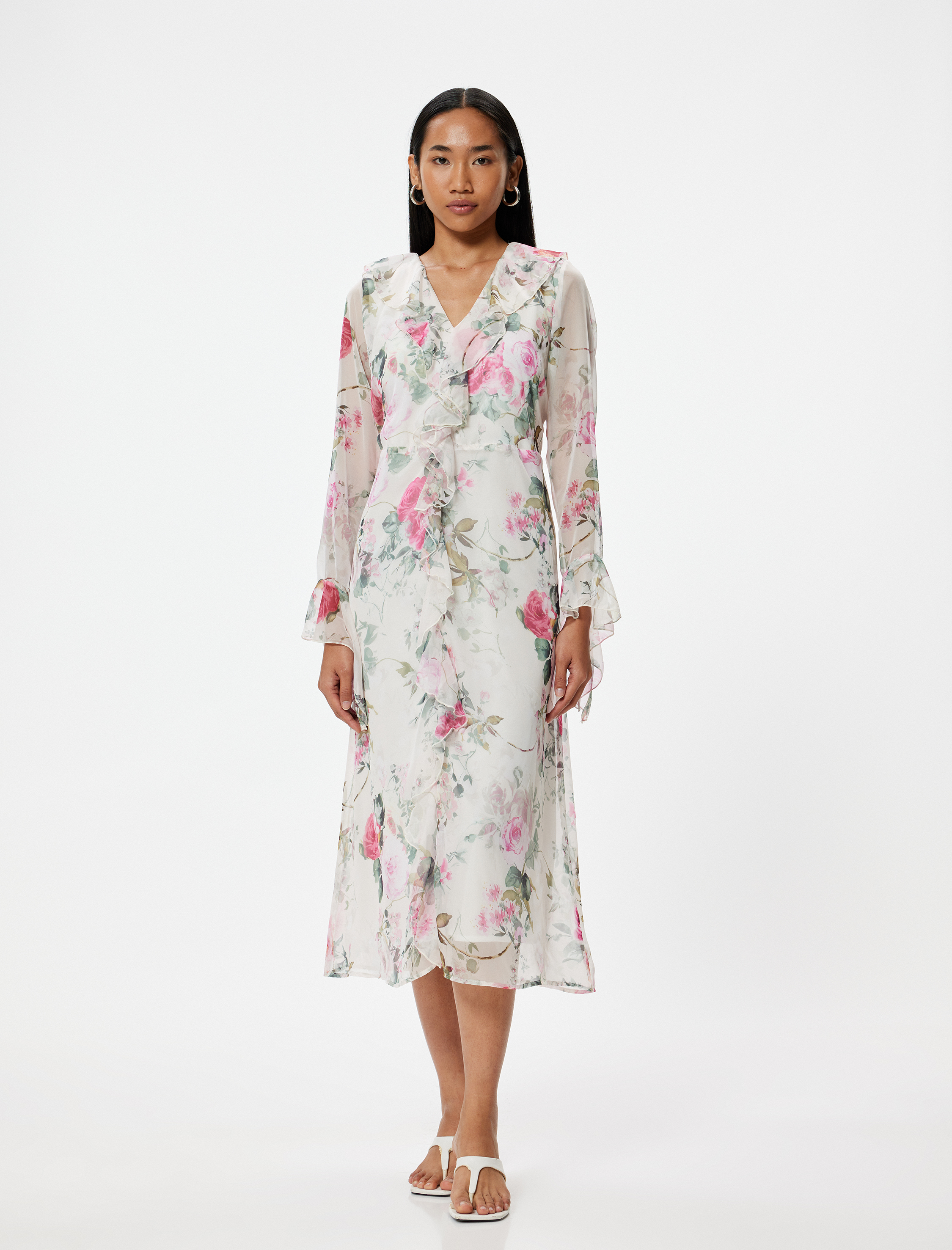   Midi Boy Çiçekli Şifon Elbise Fırfırlı Uzun Kollu V Yaka