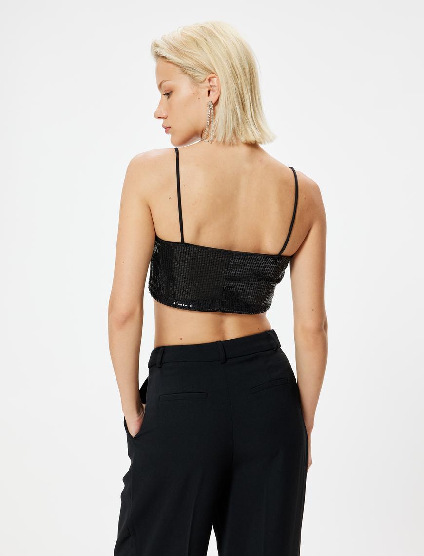   Pullu Payetli Bluz Crop İp Askılı Slim Fit