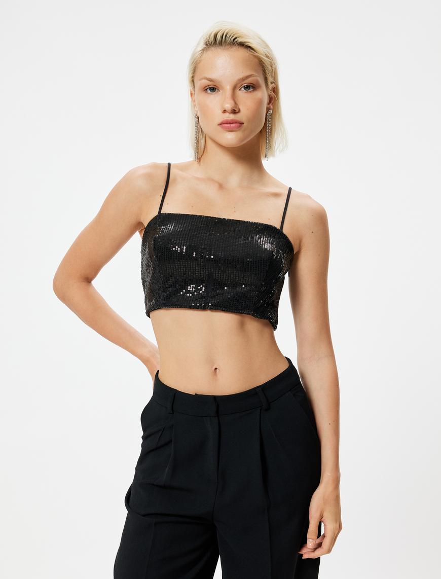   Pullu Payetli Bluz Crop İp Askılı Slim Fit