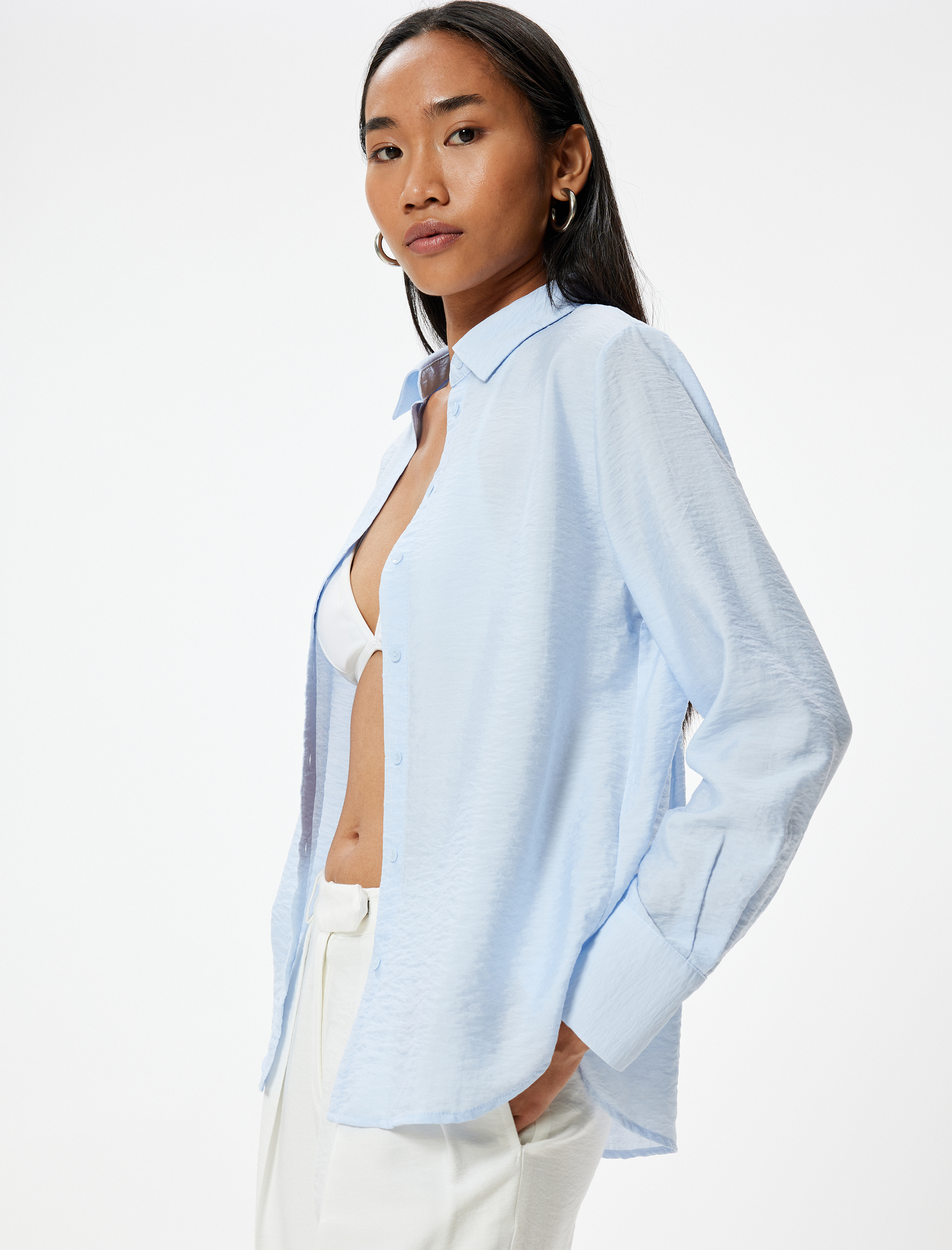   Rahat Kalıp Klasik Yaka Uzun Kollu Saten Viskon Gömlek