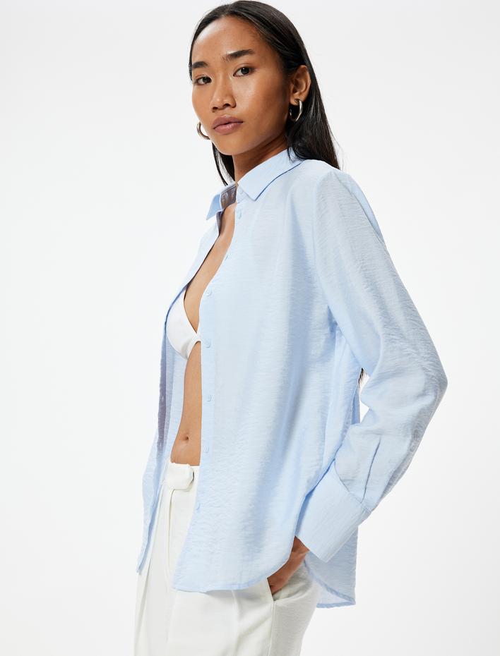  Rahat Kalıp Klasik Yaka Uzun Kollu Saten Viskon Gömlek