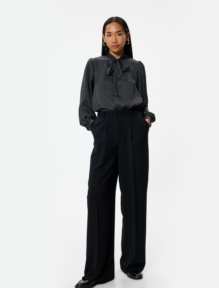  Puantiyeli Saten Gömlek Fiyonk Detaylı Fular Yaka Uzun Kollu