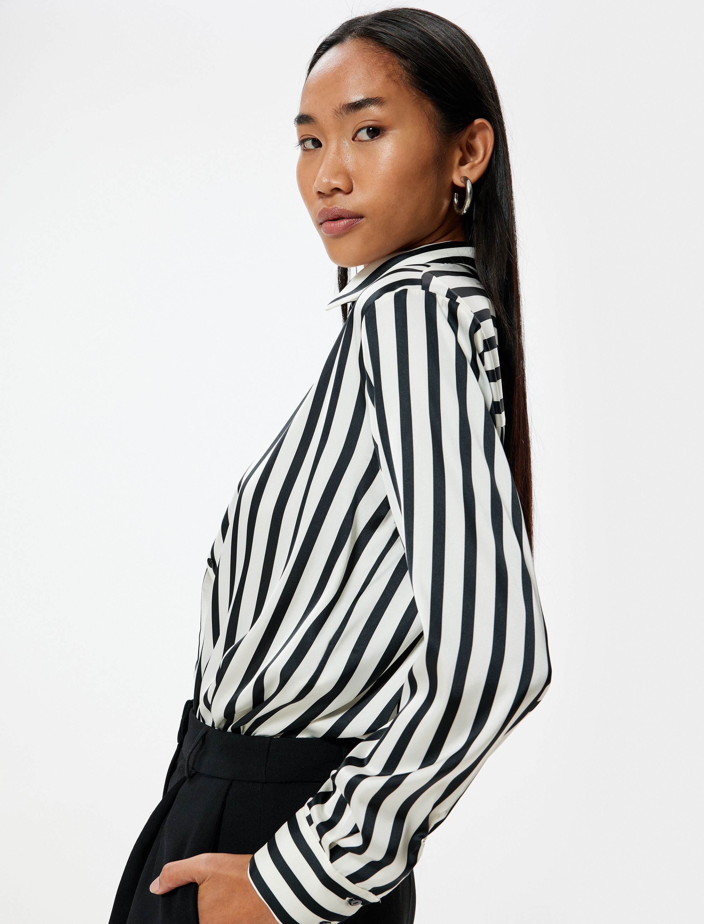   Saten Gömlek Uzun Kollu Renk Kontrastlı