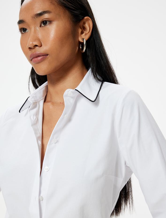  Uzun Kollu Yakası Renk Kontrast Detaylı Poplin Gömlek