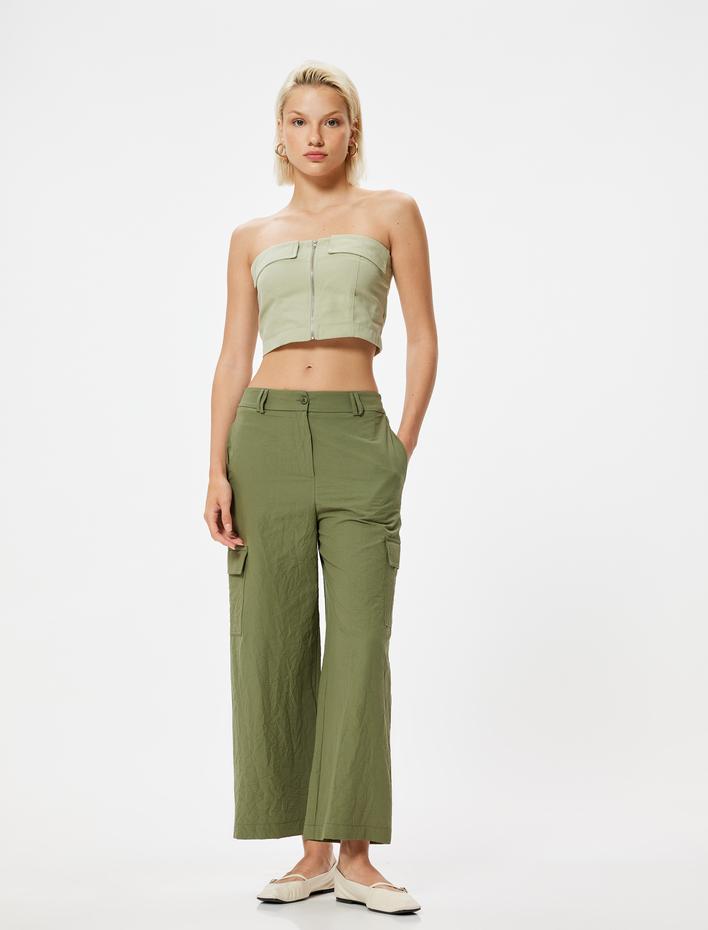  Koton X Sima Tarkan - Düz Bol Paça Kargo Pantolon Dokulu Cepli