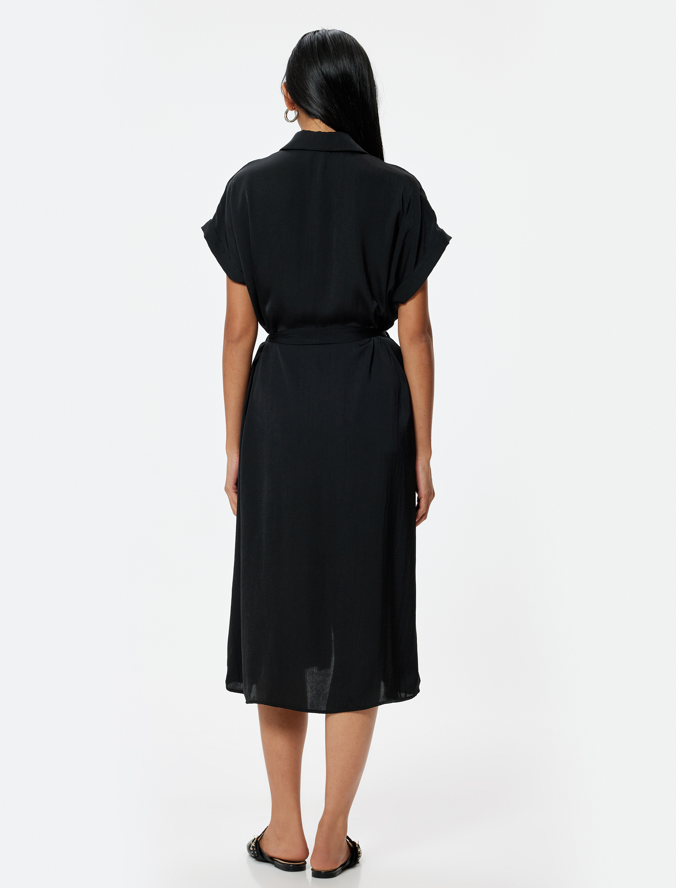   Aerobin Saten Midi Boy Gömlek Elbise Kısa Kollu Kemerli Kloş Etek