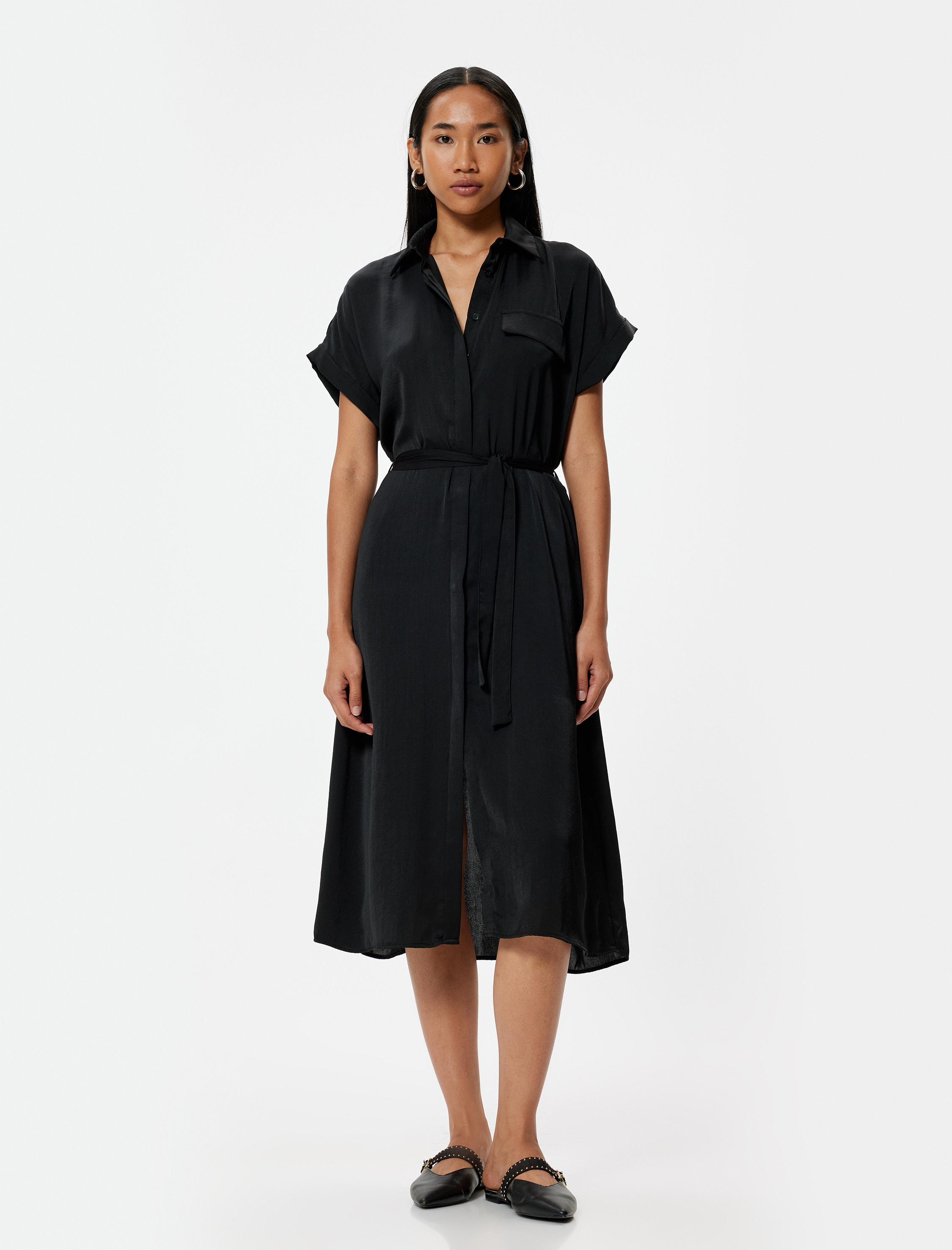   Aerobin Saten Midi Boy Gömlek Elbise Kısa Kollu Kemerli Kloş Etek