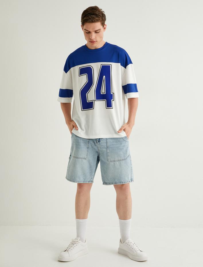  Oversize Tişört Kolej Baskılı Bisiklet Yaka Kısa Kollu