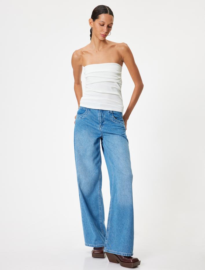  Straplez Bluz Kolsuz Drapeli Slim Fit