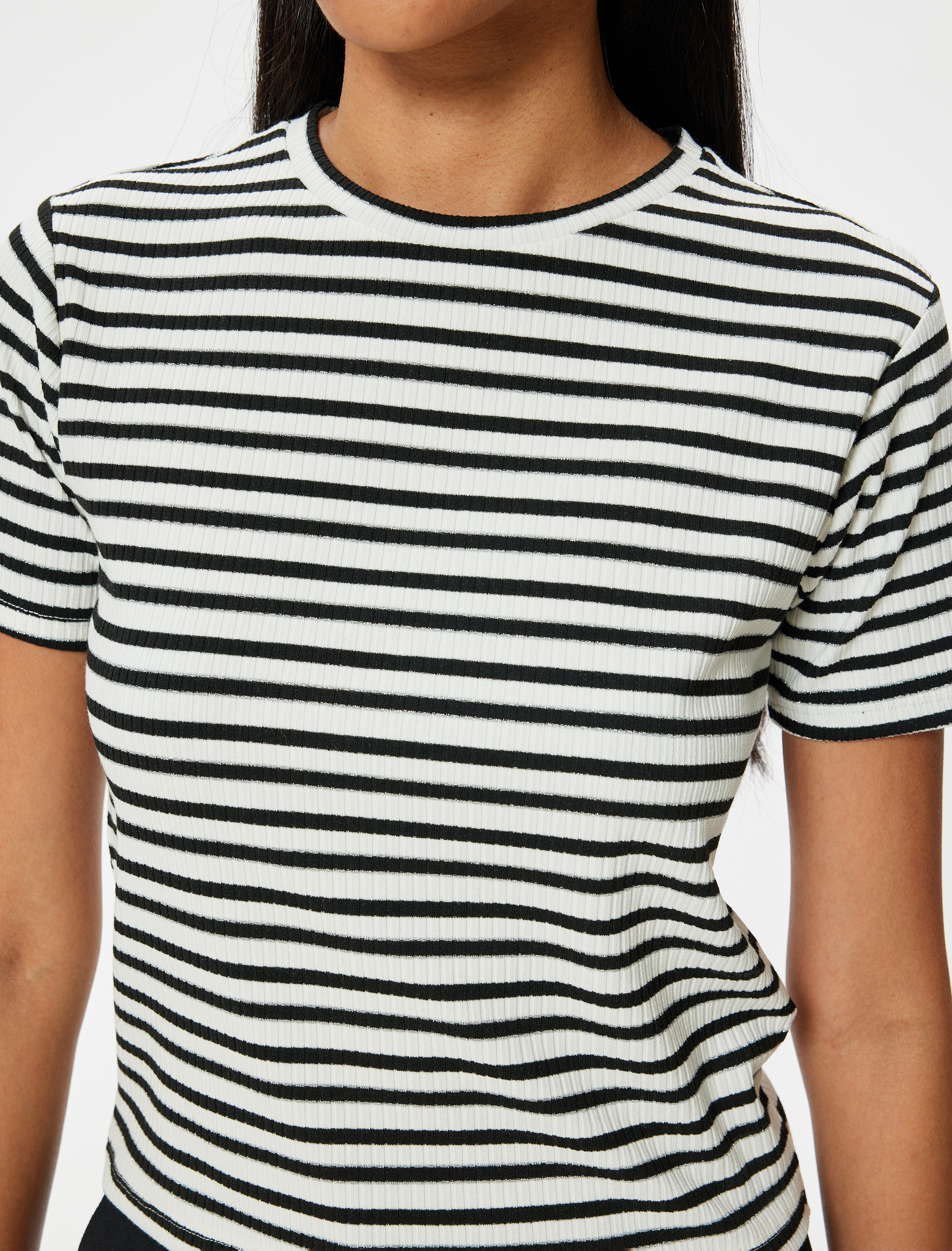   Slim Fit Fitilli Bisiklet Yaka Kısa Kollu Çizgili Tişört