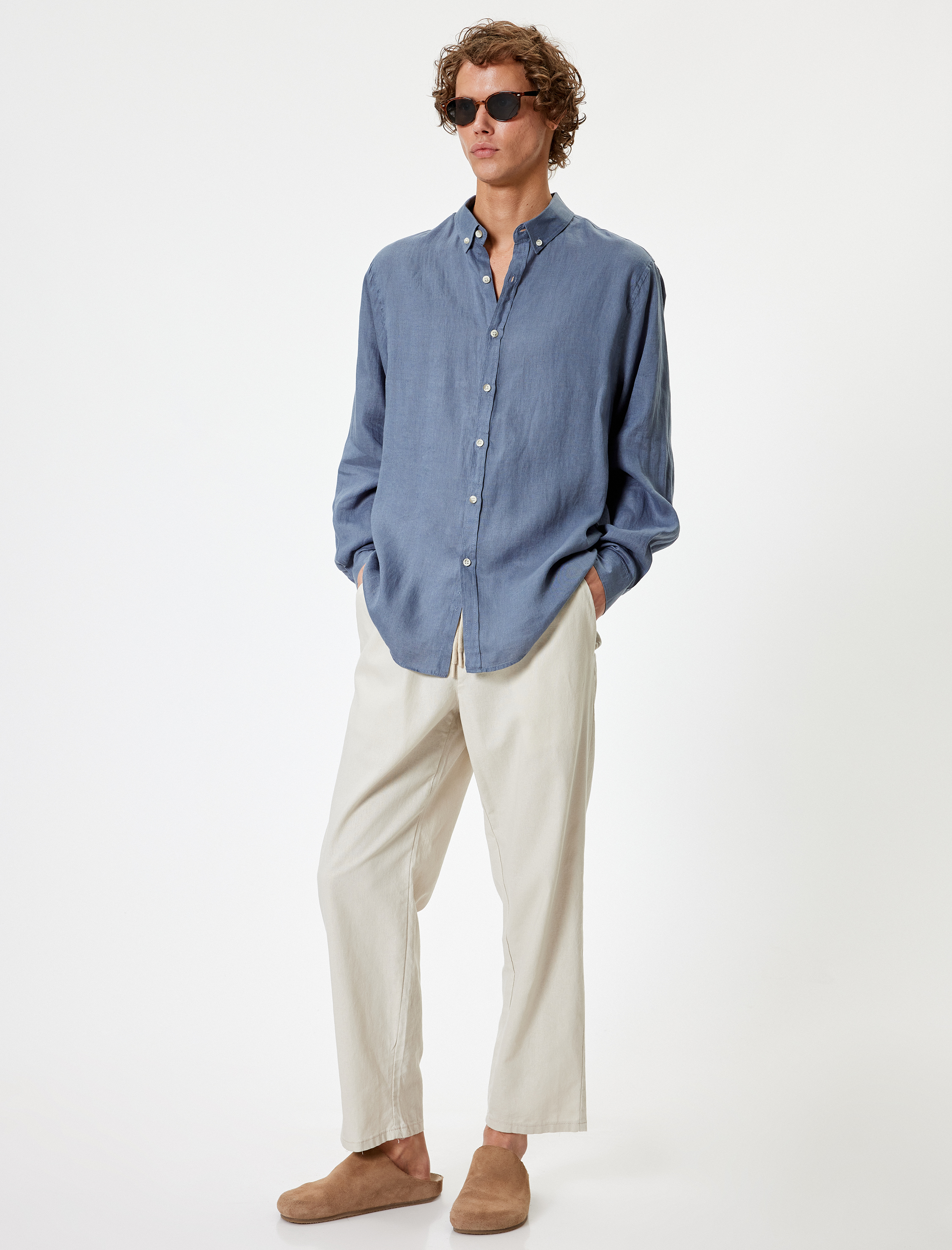   Keten Gömlek Klasik Yaka Uzun Kollu Düğmeli Regular Fit