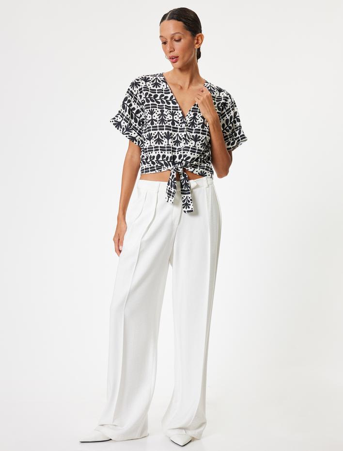  Keten Karışımlı Gömlek Crop Kısa Kollu Düğmeli V Yaka Bağlama Detaylı