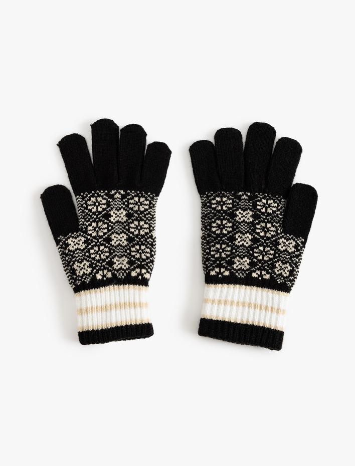 Kadın Örgü Eldiven Renk Bloklu Etnik Desenli