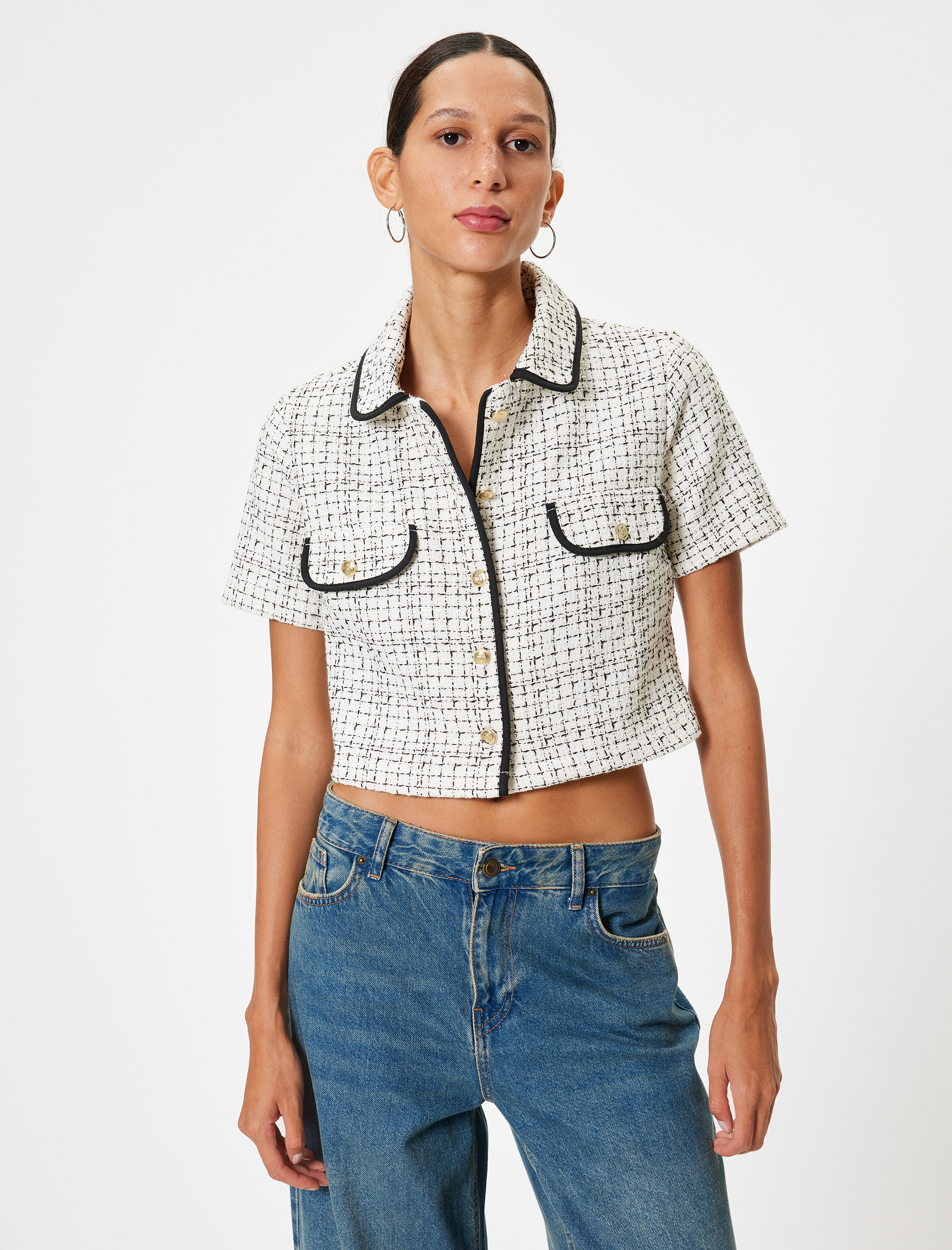   Tüvit Gömlek Ceket Kısa Kollu Cep Detaylı Düğmeli Klasik Yaka