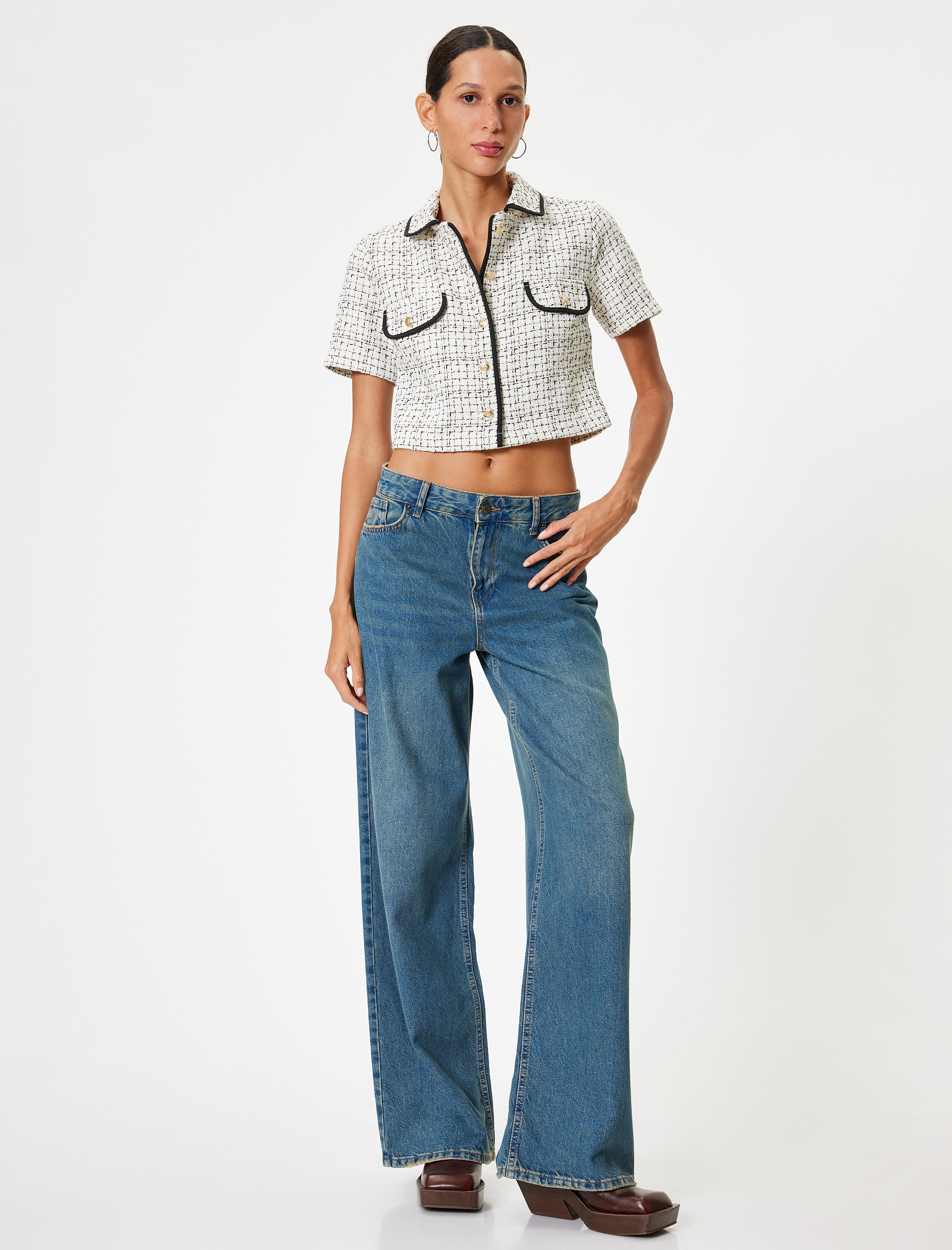   Tüvit Gömlek Ceket Kısa Kollu Cep Detaylı Düğmeli Klasik Yaka