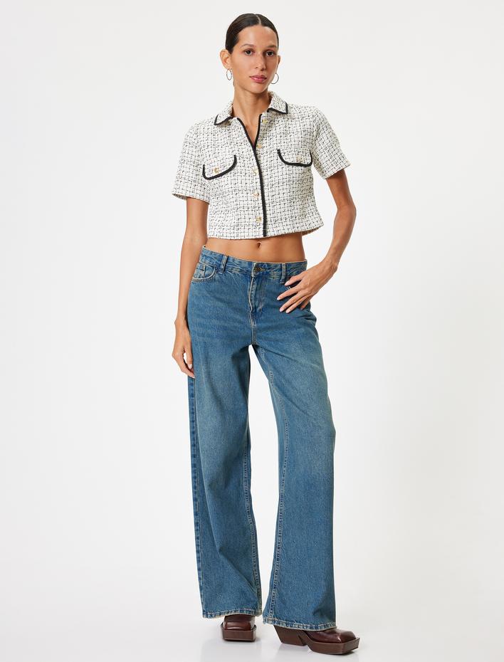  Tüvit Gömlek Ceket Kısa Kollu Cep Detaylı Düğmeli Klasik Yaka