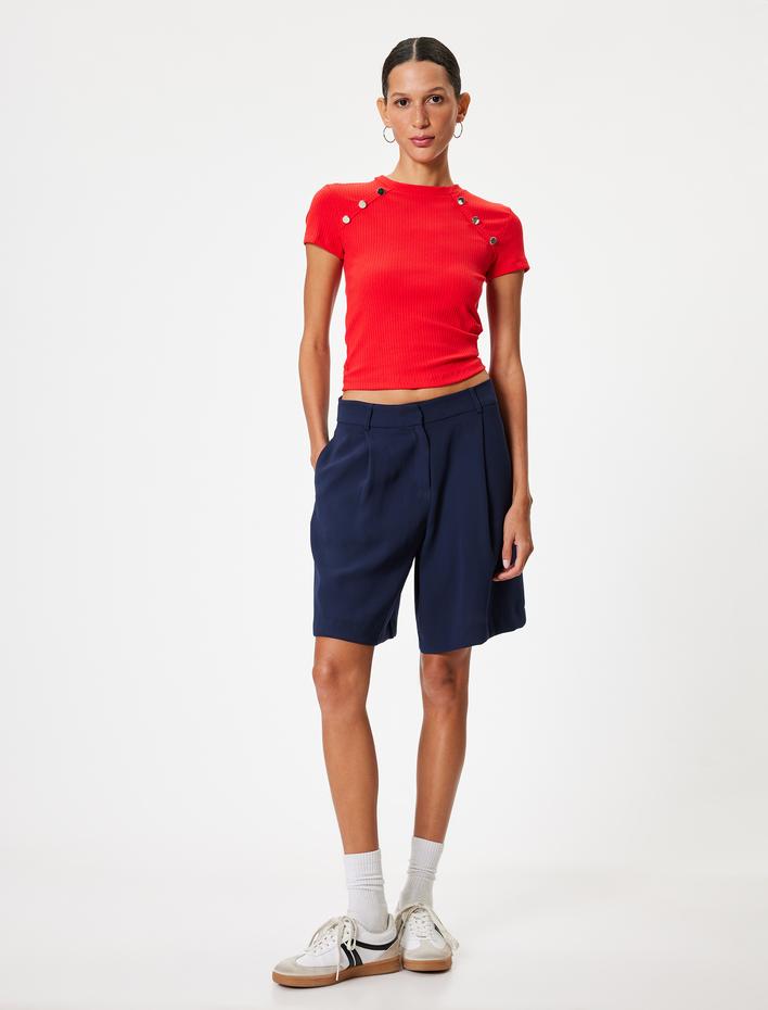  Dokulu Tişört Düğme Detaylı Bisiklet Yaka Kısa Kollu Slim Fit