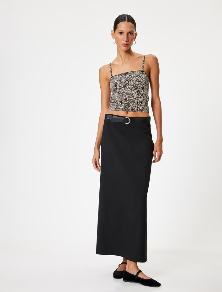  Crop Bluz İp Askılı Leopar Desenli Fiyonk Detaylı Slim Fit