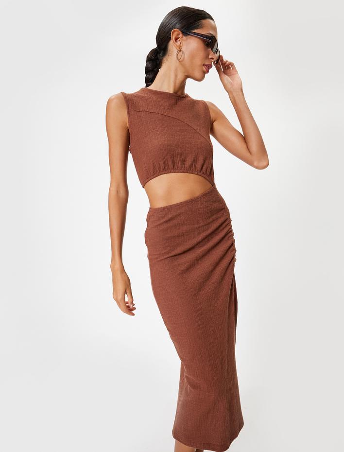  Pencere Detaylı Midi Elbise Kolsuz Yuvarlak Yaka Yırtmaç Detaylı Bürümcük