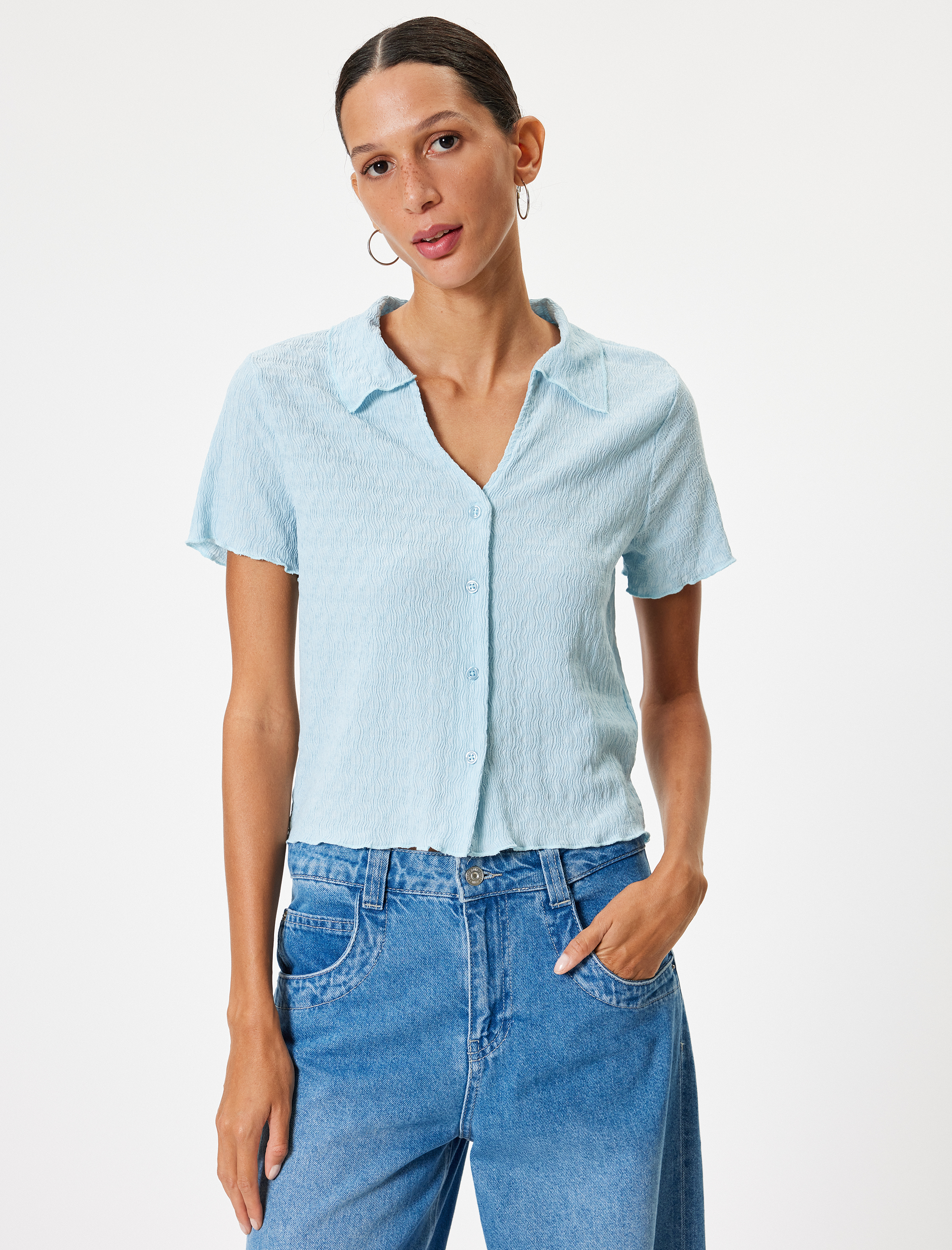   Bluz Gömlek Yaka Bürümcük Kısa Kollu Düğmeli