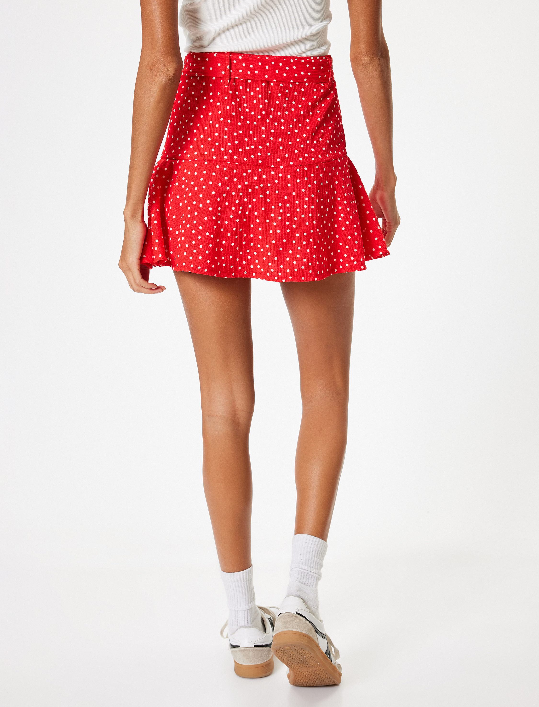   Şort Etek Mini Puantiyeli Bürümcük Volanlı Bağlama Detaylı