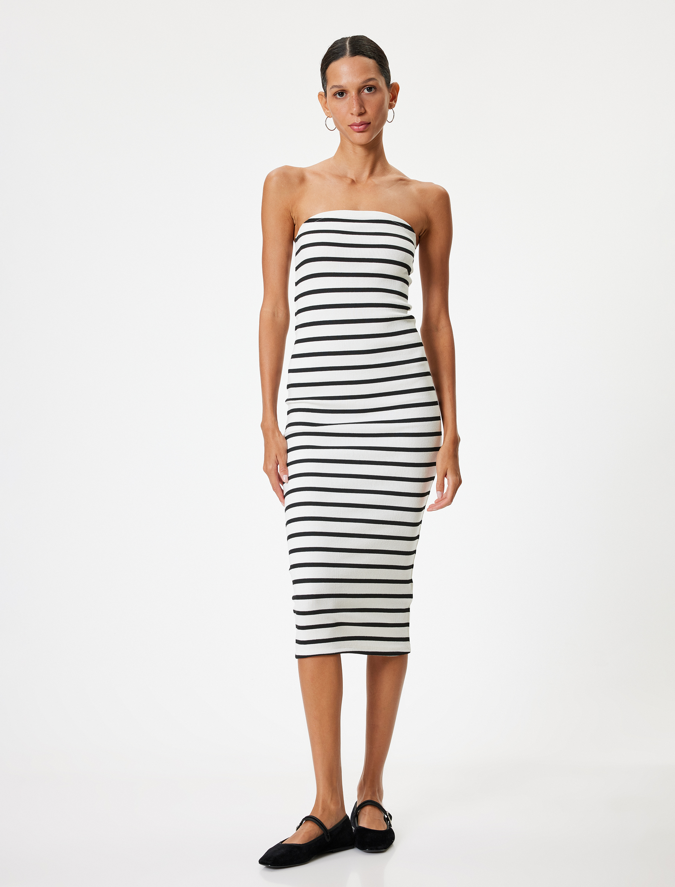 Midi Slip Elbise Straplez Yaka Kolsuz Slim Fit