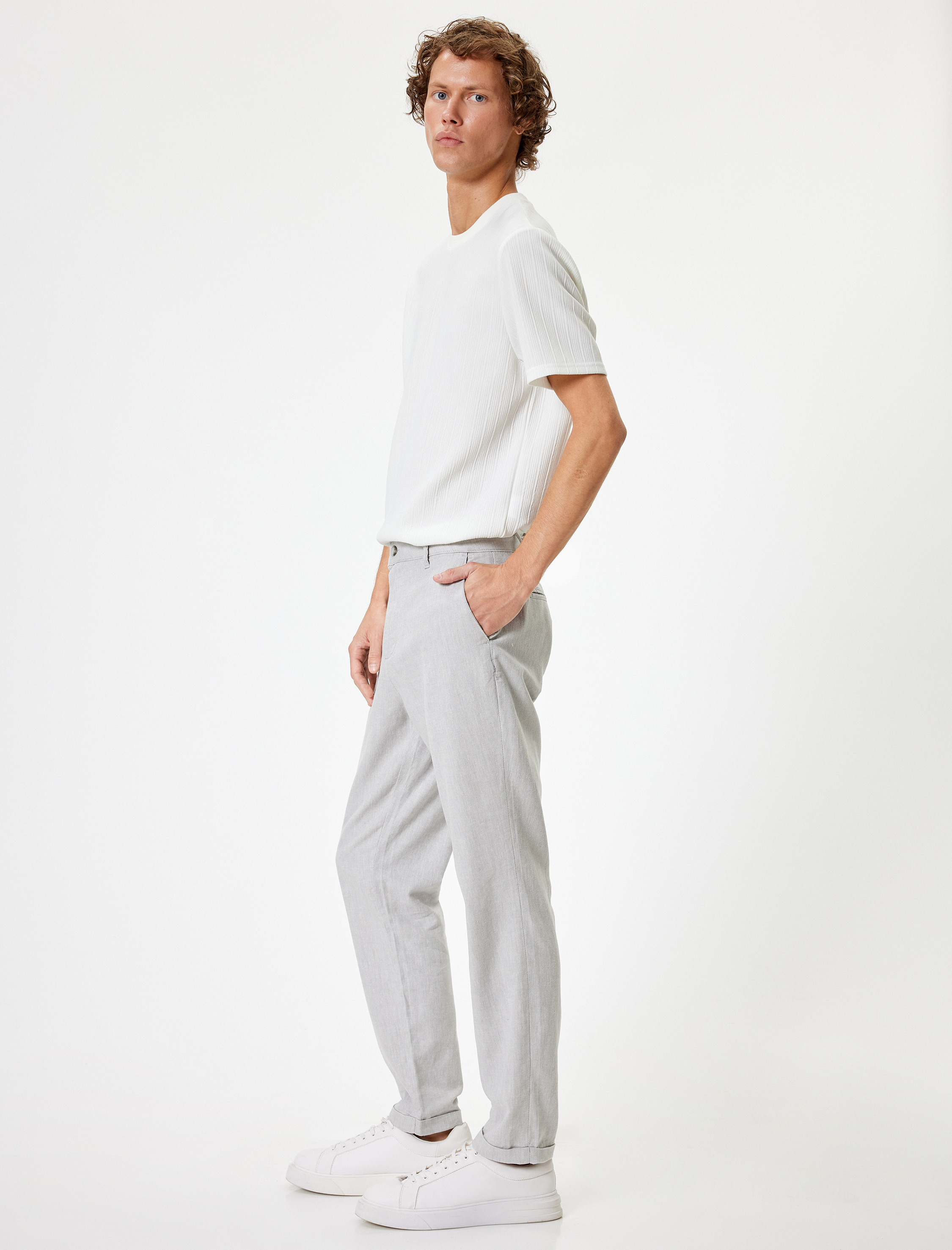   Keten Pamuk Karışımlı Chino Pantolon Cep Detaylı