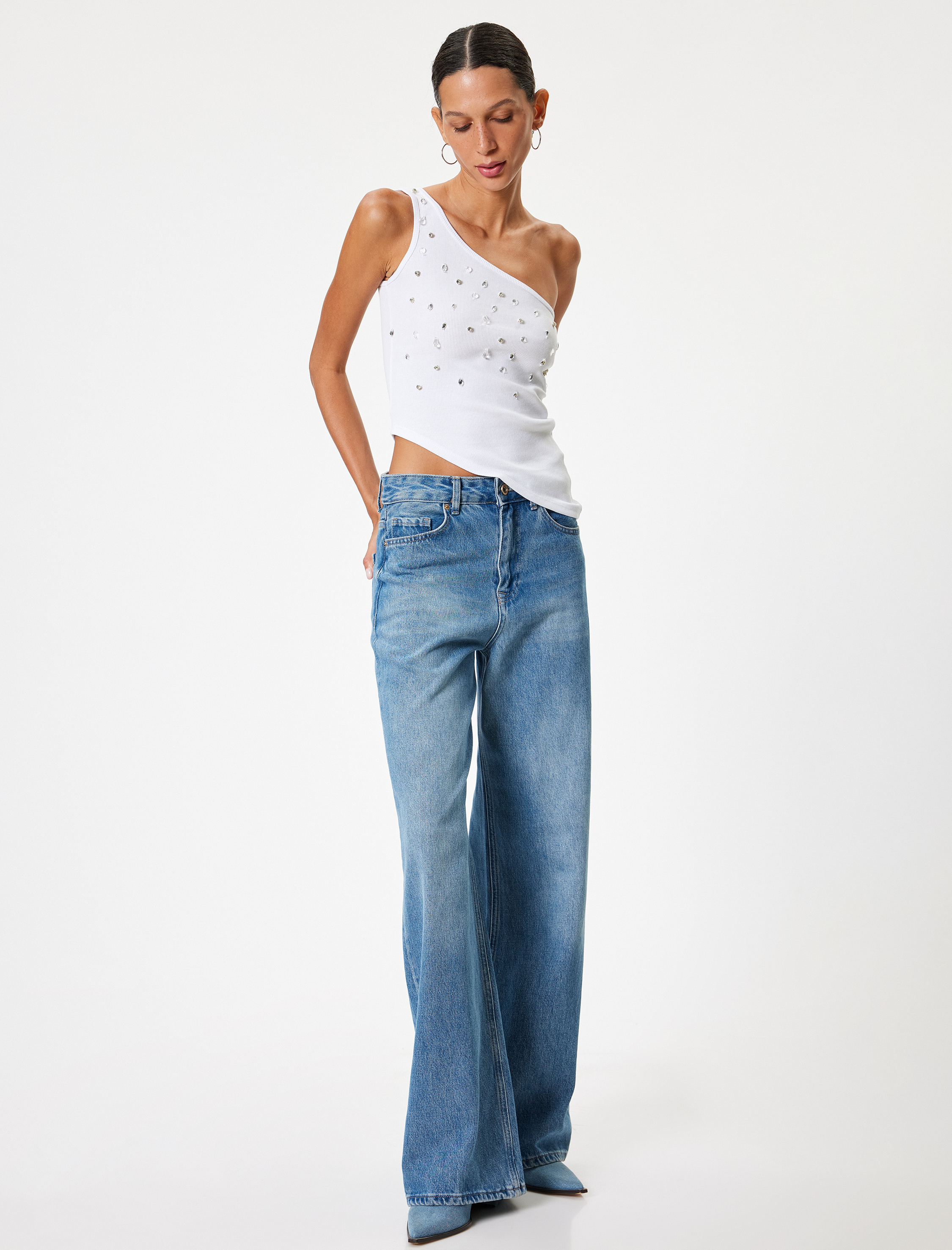 Tek Omuz Atlet Kolsuz Taş İşlemeli Asimetrik Kesim Slim Fit