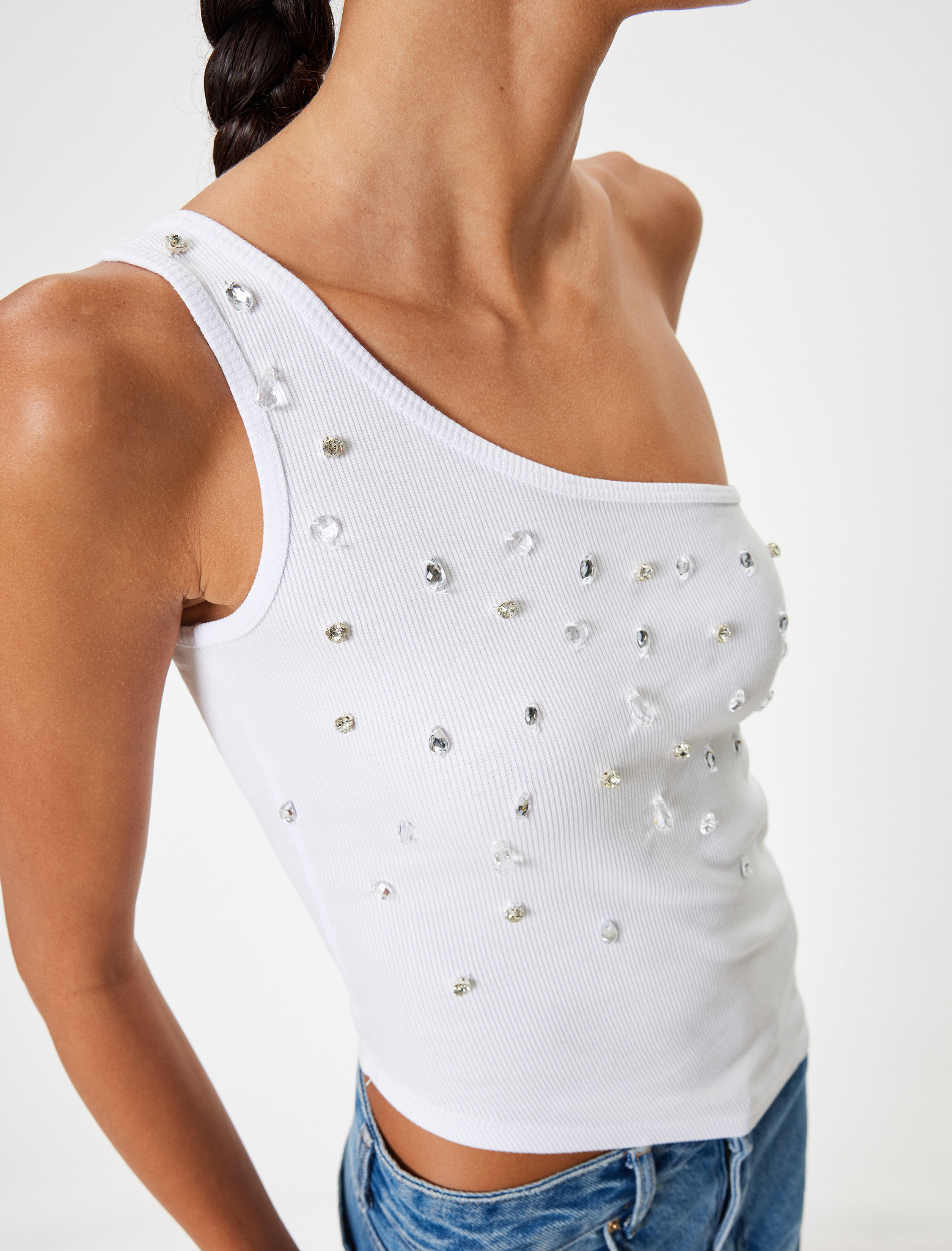 Tek Omuz Atlet Kolsuz Taş İşlemeli Asimetrik Kesim Slim Fit