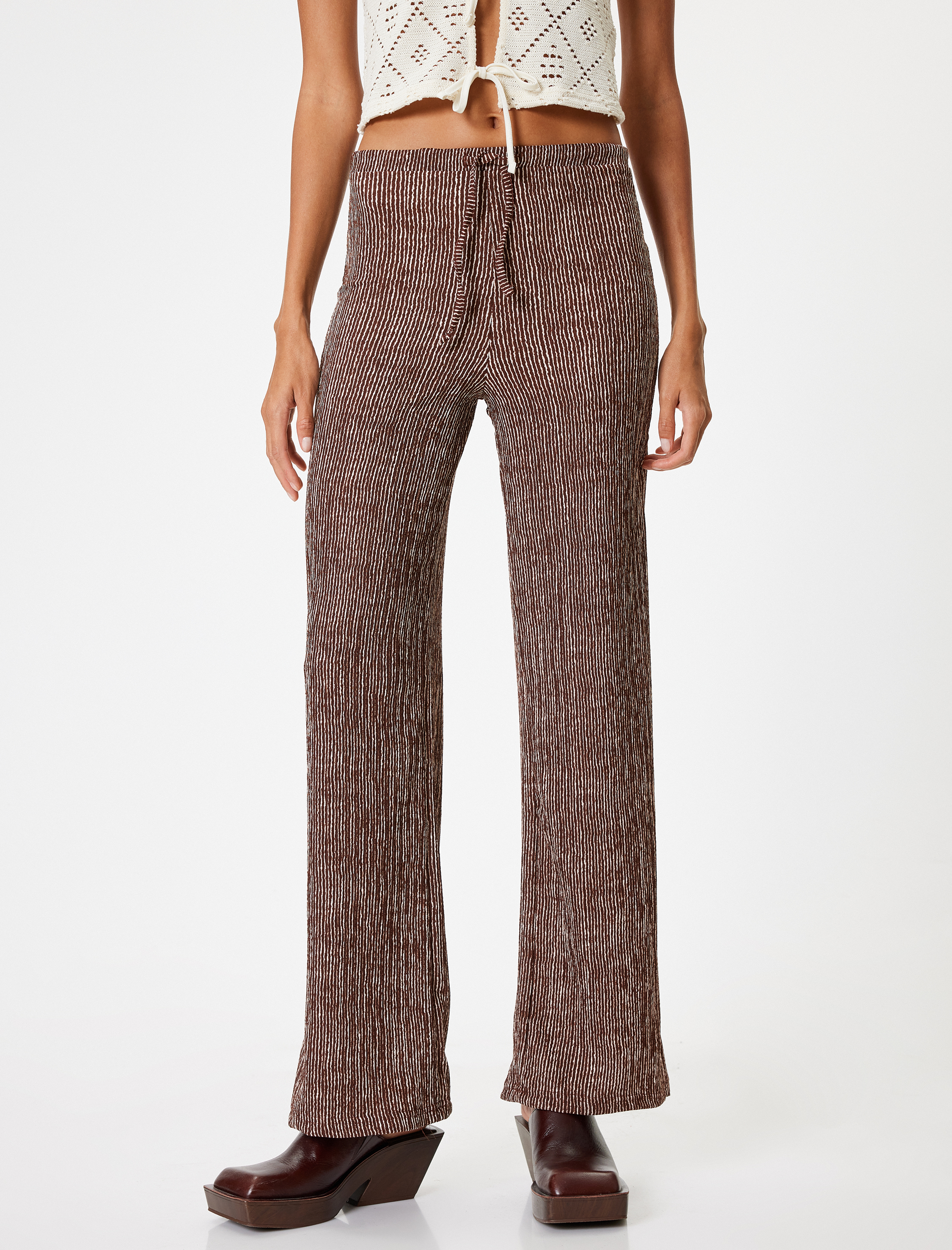   Geniş Paça Pantolon Beli Bağcıklı Yüksek Bel Rahat Kalıp Bürümcük