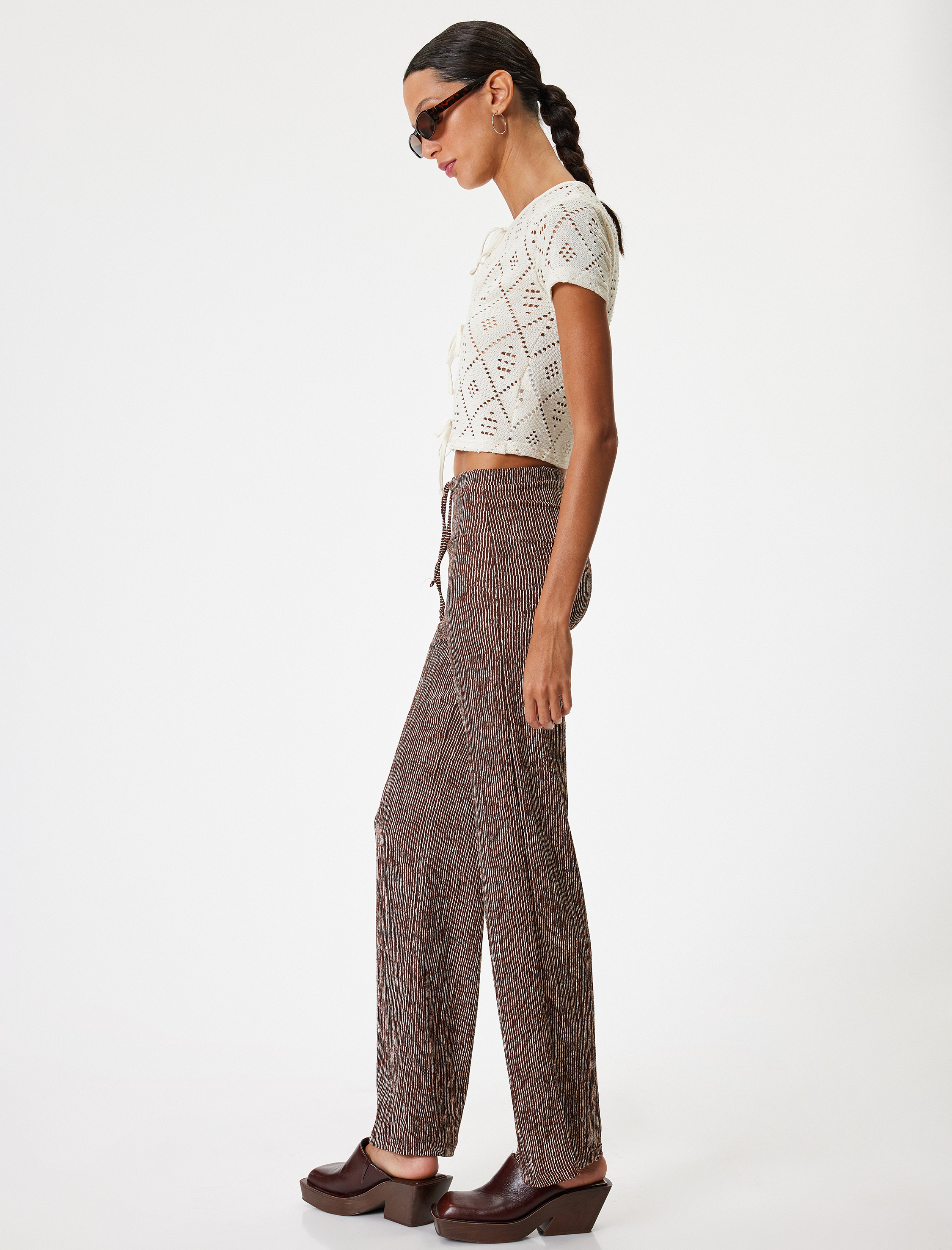   Geniş Paça Pantolon Beli Bağcıklı Yüksek Bel Rahat Kalıp Bürümcük