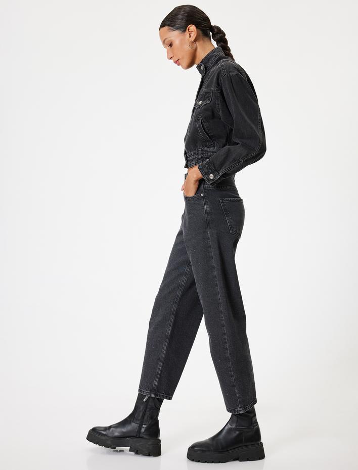  Taşlı Kot Pantolon Düz Paça Standart Bel Cepli - Eve Straight Jeans