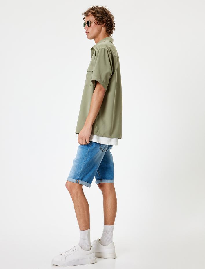  Slim Fit Kot Şort Bermuda Katlama Paçalı Düğme Detaylı