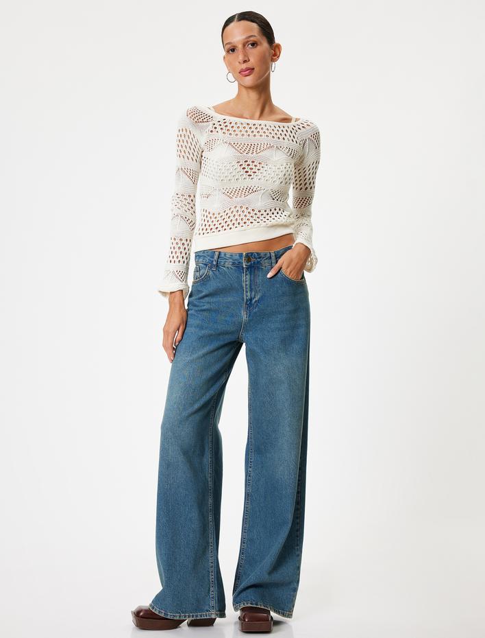  Kroşe Tişört Uzun Kollu Kayık Yaka Viskon Karışımlı