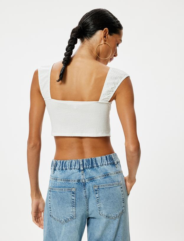 Crop Tişört Bürümcük Sırt Detaylı Kap Kol Kayık Yaka Slim Fit_3