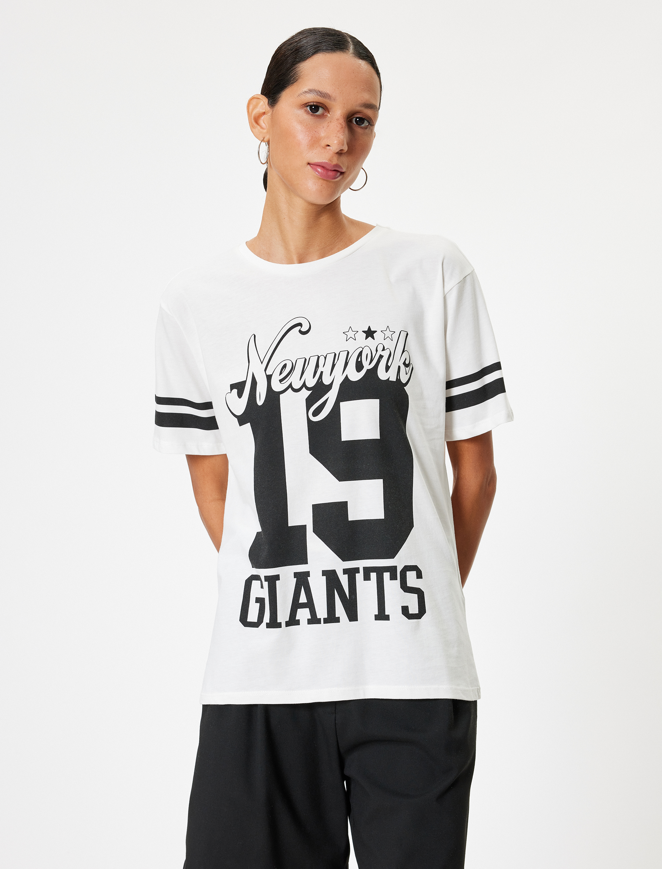   Oversize Kolej Baskılı Bisiklet Yaka Kısa Kollu Tişört