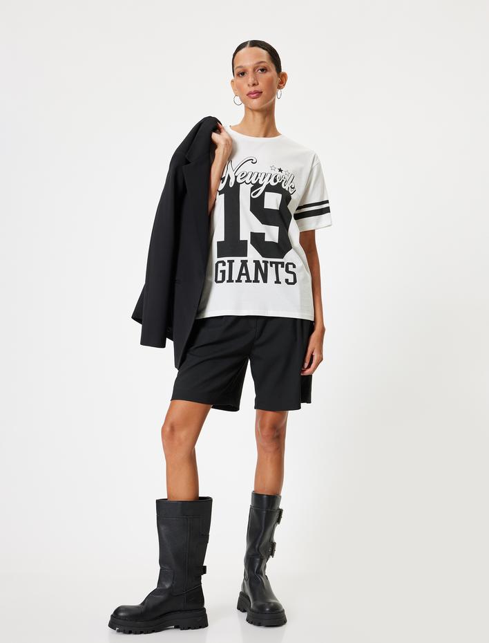  Oversize Kolej Baskılı Bisiklet Yaka Kısa Kollu Tişört